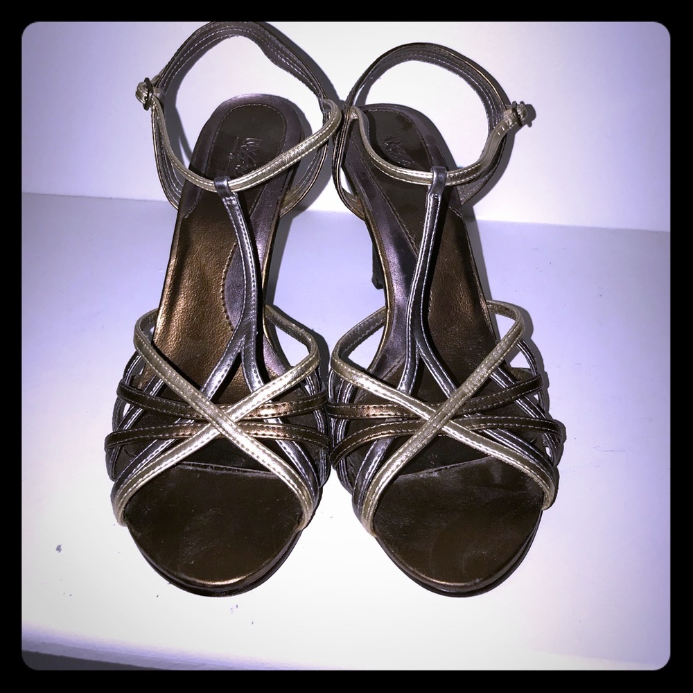 Silver, gold, and bronze heels